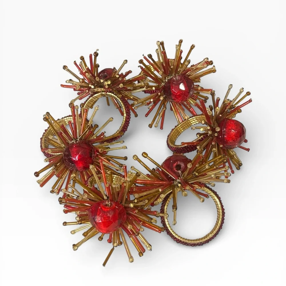 Vintage Pier 1 Atomic Starburst Red Beaded Napkin Ring Set of 6